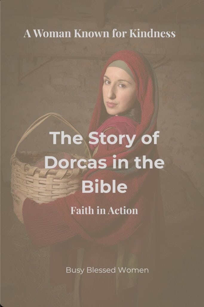 photo of woman dressed in Bible times in long red dress and head scarf carrying a basket with fabric in it