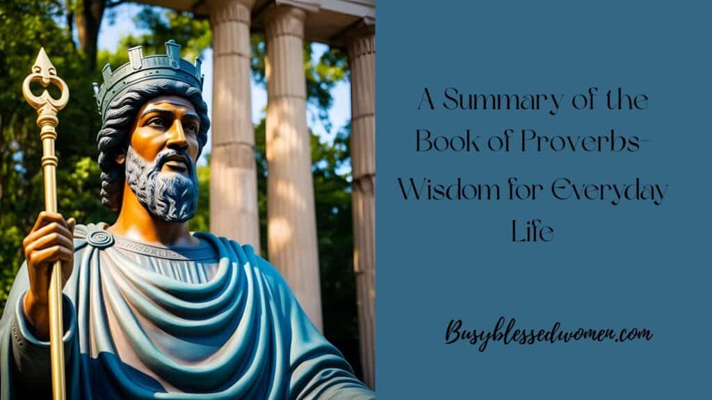 summary of the book of proverbs- statue of king Solomon on left side of page