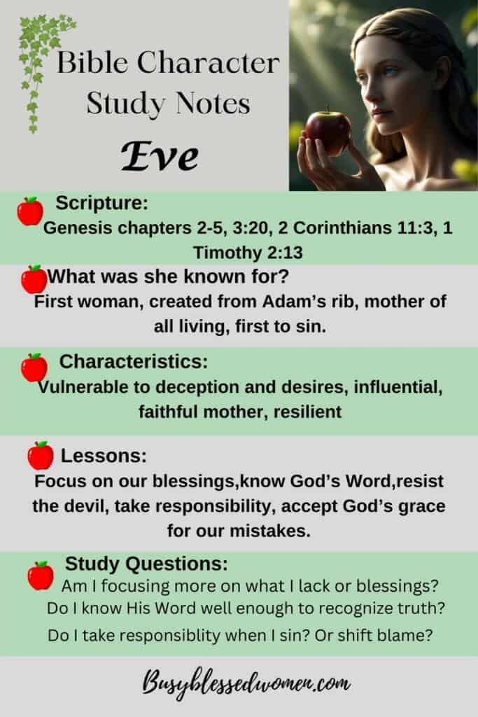 story of eve- infographic on Eve from the Bible with grey and green text boxes, small red apples in each one