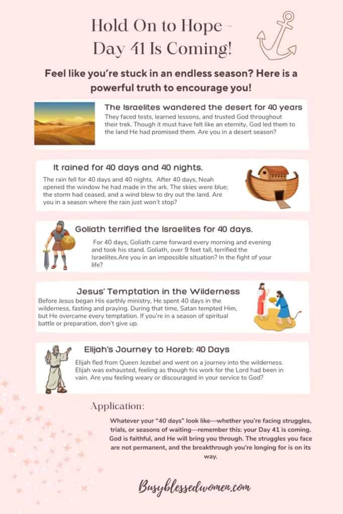 day 41 is Coming- infographic of 5 scenarios from the Bible of trials that lasted 40 days/years.