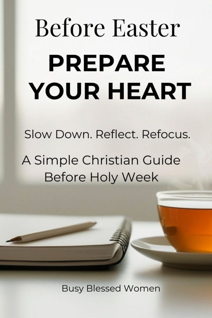Pinterest graphic that reads “Before Easter, Prepare Your Heart” with the words “Slow Down, Reflect, Refocus” over a soft neutral background with an open Bible and coffee cup.