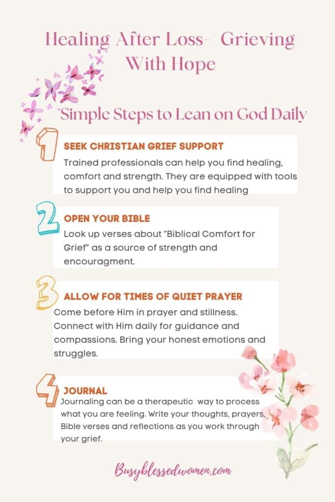 Healing after loss-info graphic in pastel colors, butterflies, and flowers and 4 steps to lean on God daily during the grieving process