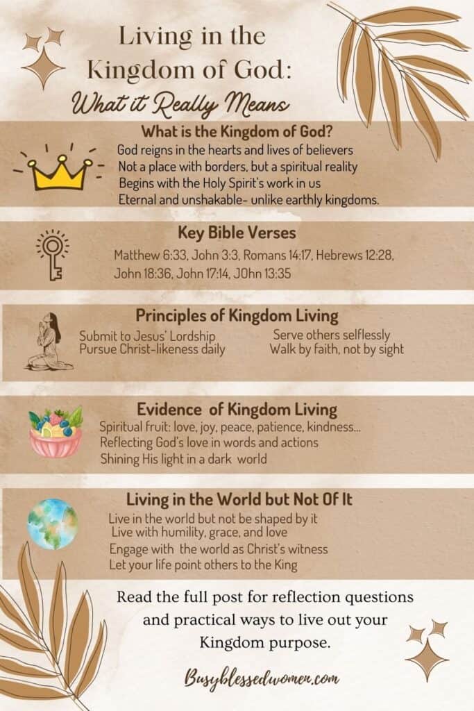 Living in the Kingdom- infographic pin in brown tones with brown palm leaves