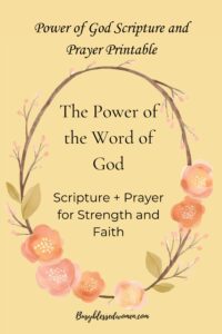 power of the word of God- mock up of devotional- power of the word of God Scripture and Prayer printable title page- oval with coral floral elements on yellow background