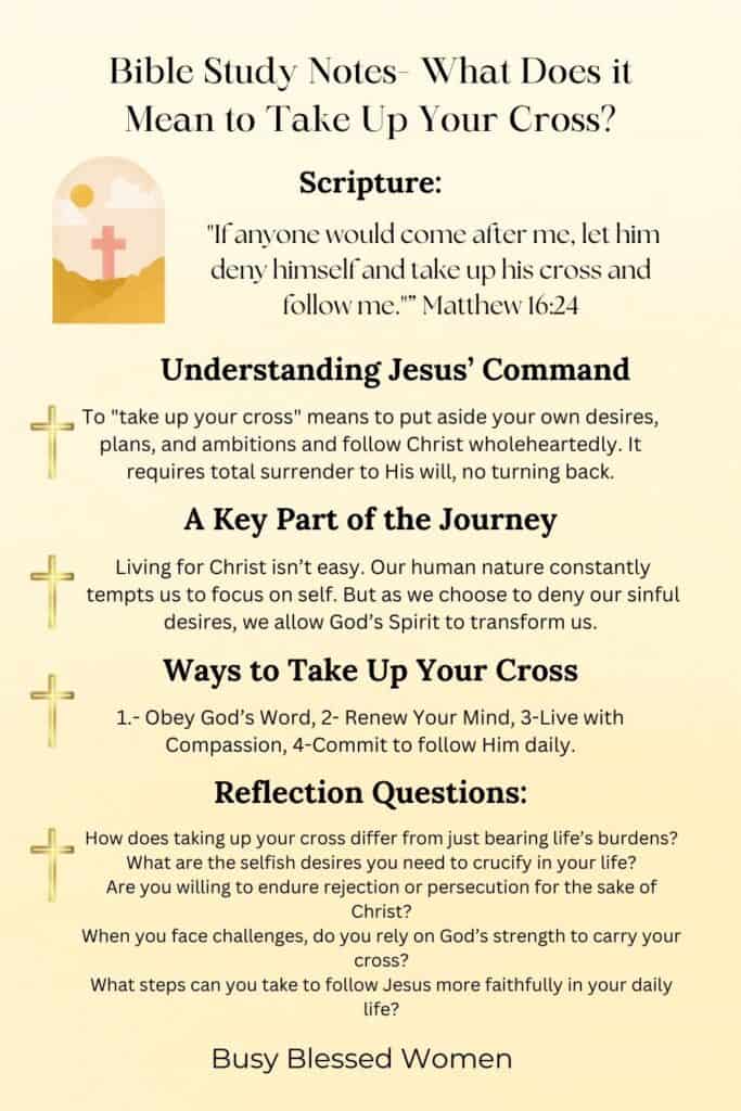 what does it mean to take up your cross- infographic on yellow background with cross graphic upper left and small crosses to mark new paragraphs