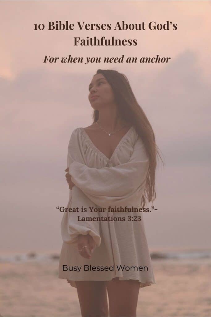 God's faithfulness- woman with long dark hair in white dress standing on beach looking to left