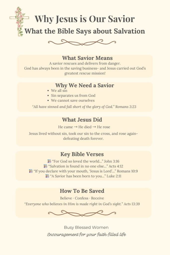 Why Jesus is our savior- infographic pin on pale yellow background, flower draped cross upper left
