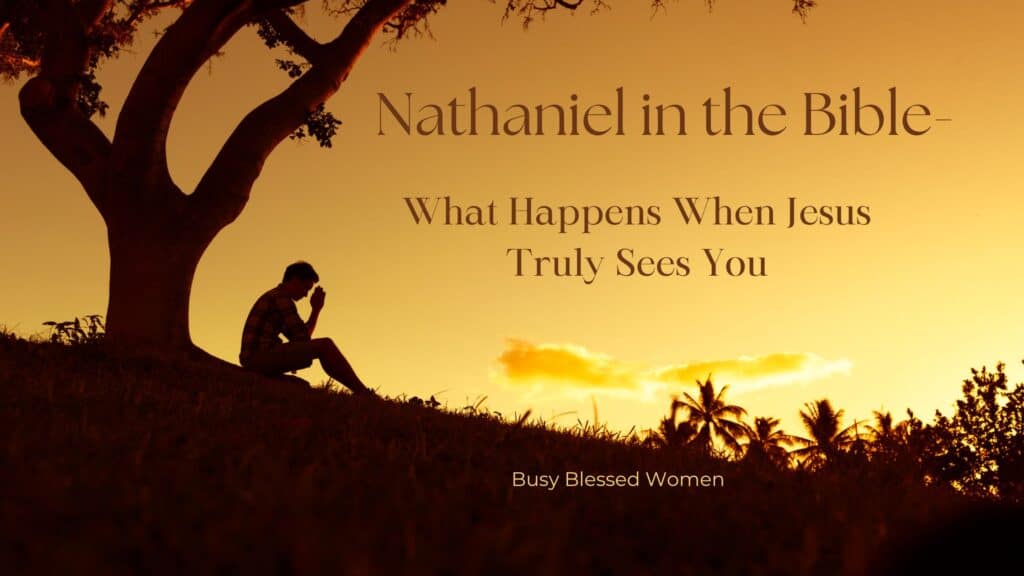 nathaniel in the bible- man sitting under a tree praying; yellow sky, darkened foreground