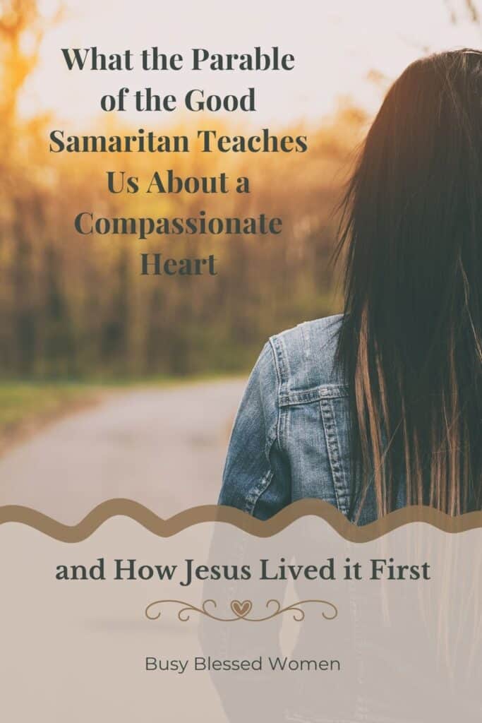 parable of the good Samaritan- woman with long dark hair wearing a jean jacket photographed from behind on path in fall.